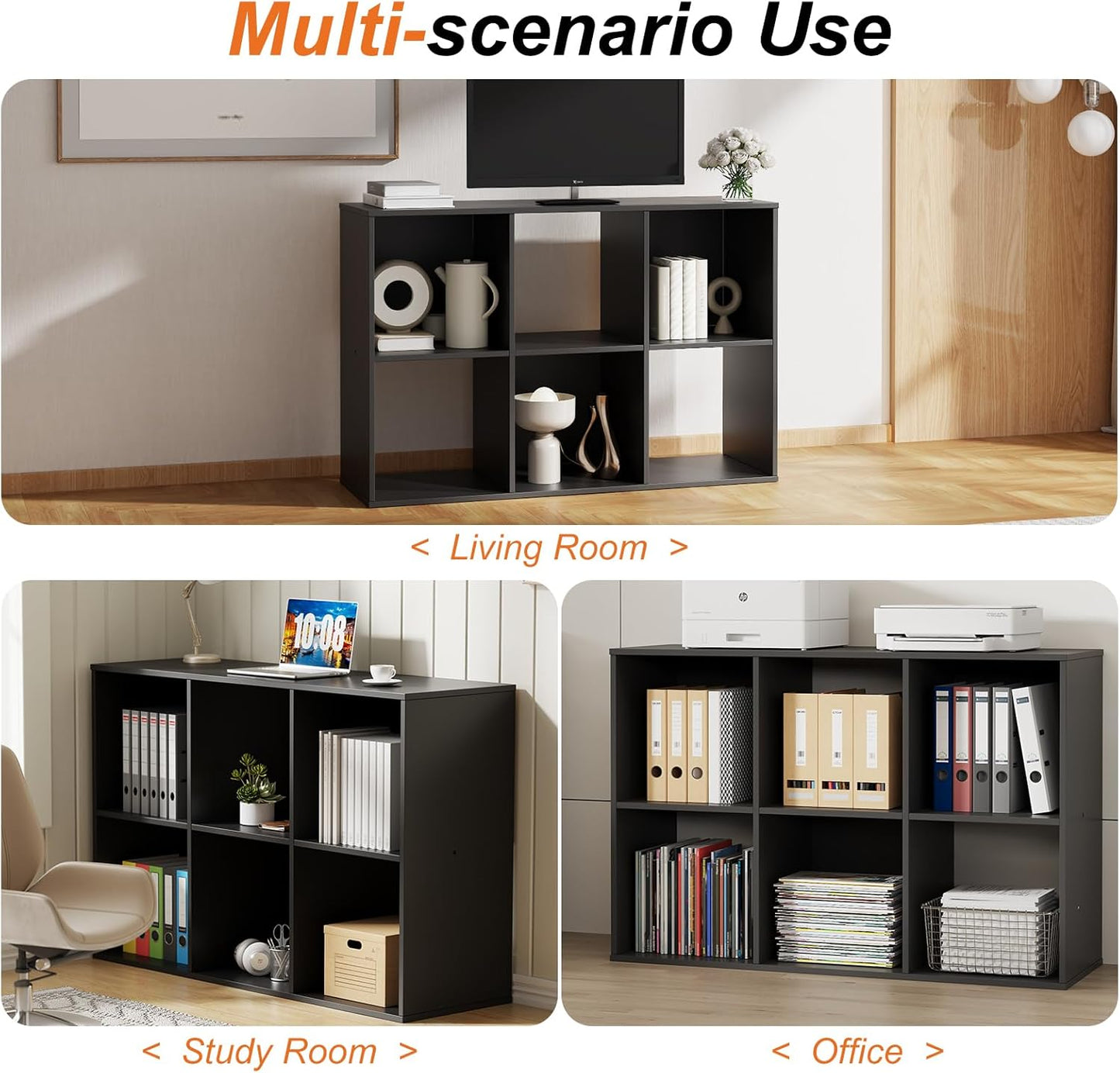 Sweetcrispy 6 Cube Storage Organizer - Open Cube Bookshelf with 3 Removable Back Panels, Display Storage Bookcase for Living Room, Bedroom, Entrance Hall, Home Office,36" L×11.6" W×24" H, Deep Black