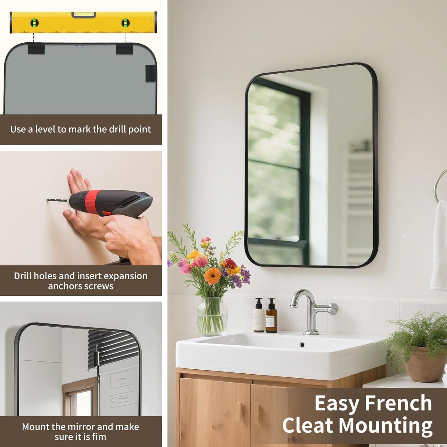 Black Bathroom Mirror, 24x36 Inch Aluminum Frame Rectangle Mirror, Anti-Rust, Tempered Glass, Wall Mirror for Over Sink, Vanity, Bedroom, Entryway, Horizontal/Vertical