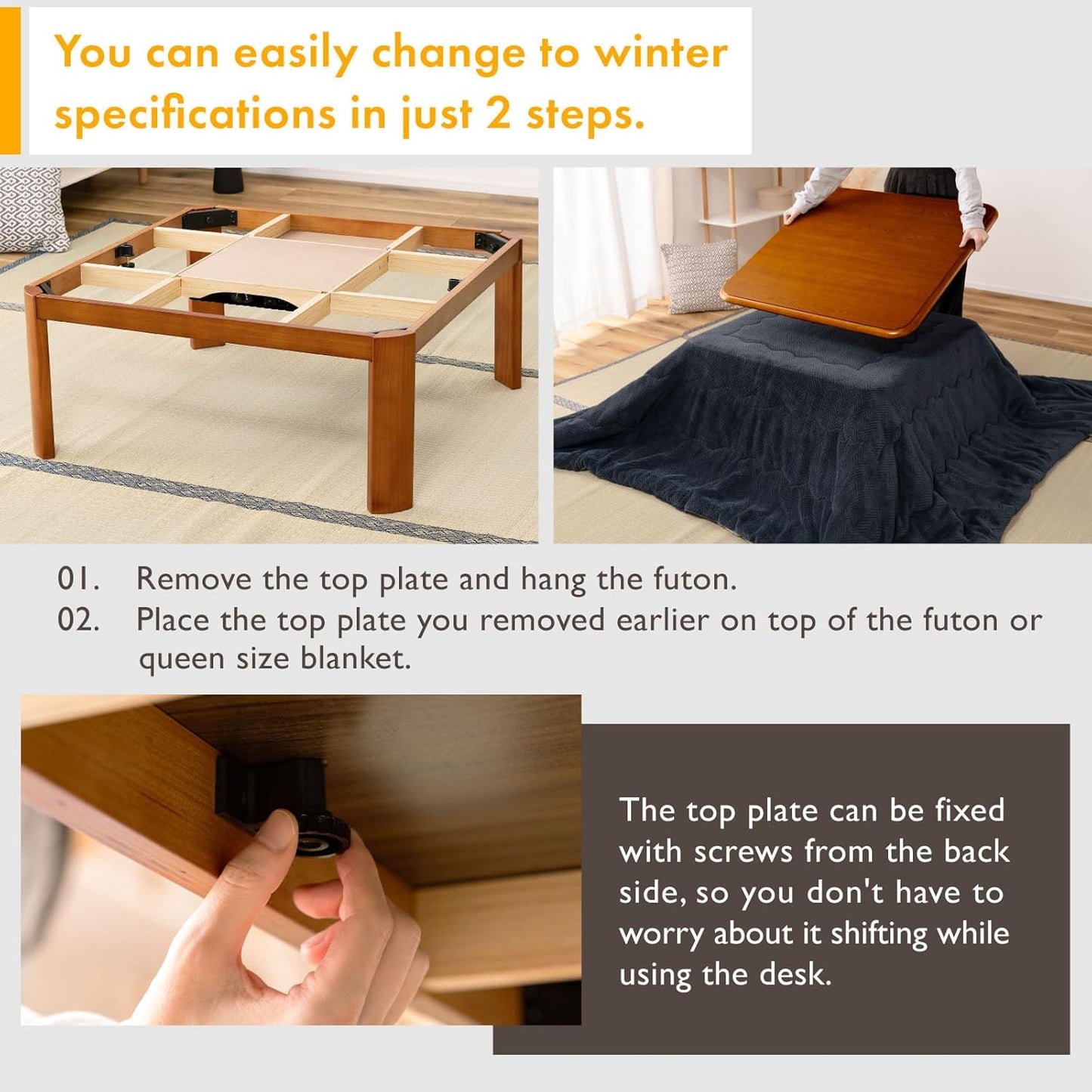 PaletteLife Japanese Heated Table (47x31in)- Wooden Chabudai Furniture with 120V Electric Heater - Low-Lying Dining and Work Desk with Temperature Control Knob Casual kotatsu