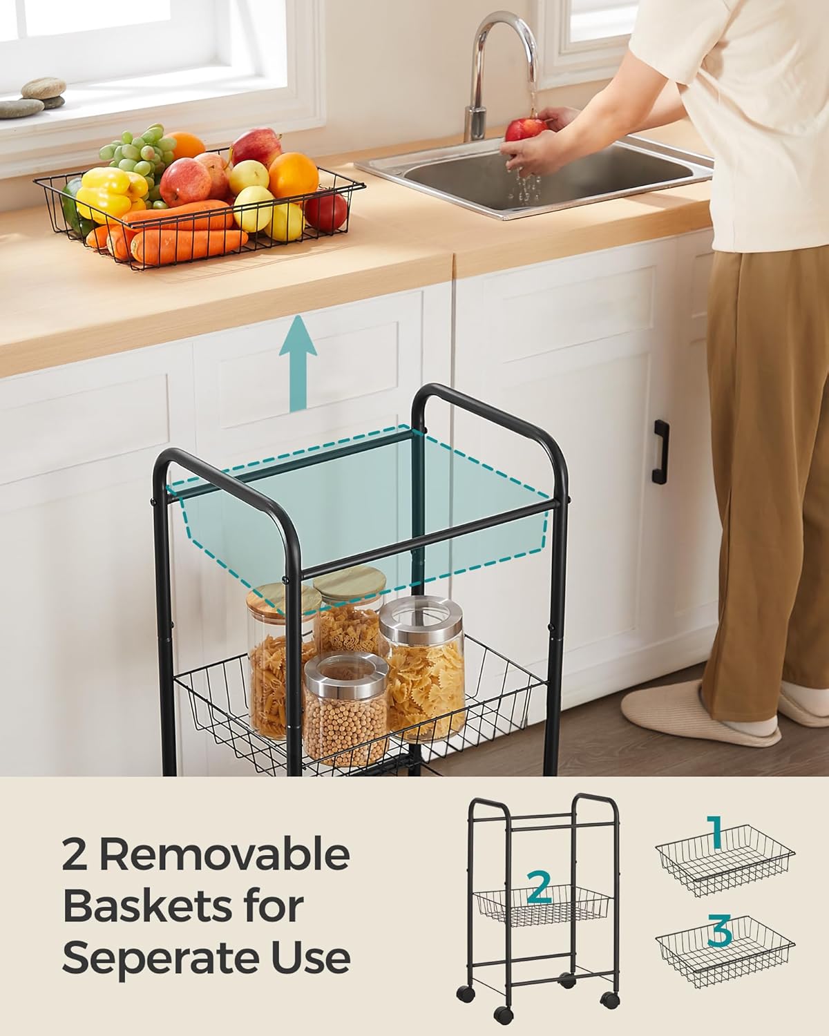 SONGMICS 3-Tier Metal Rolling Cart on Wheels with Baskets, Lockable Utility Trolley with Handles for Kitchen Bathroom Closet, Storage with Removable Shelves, Black UBSC03BK