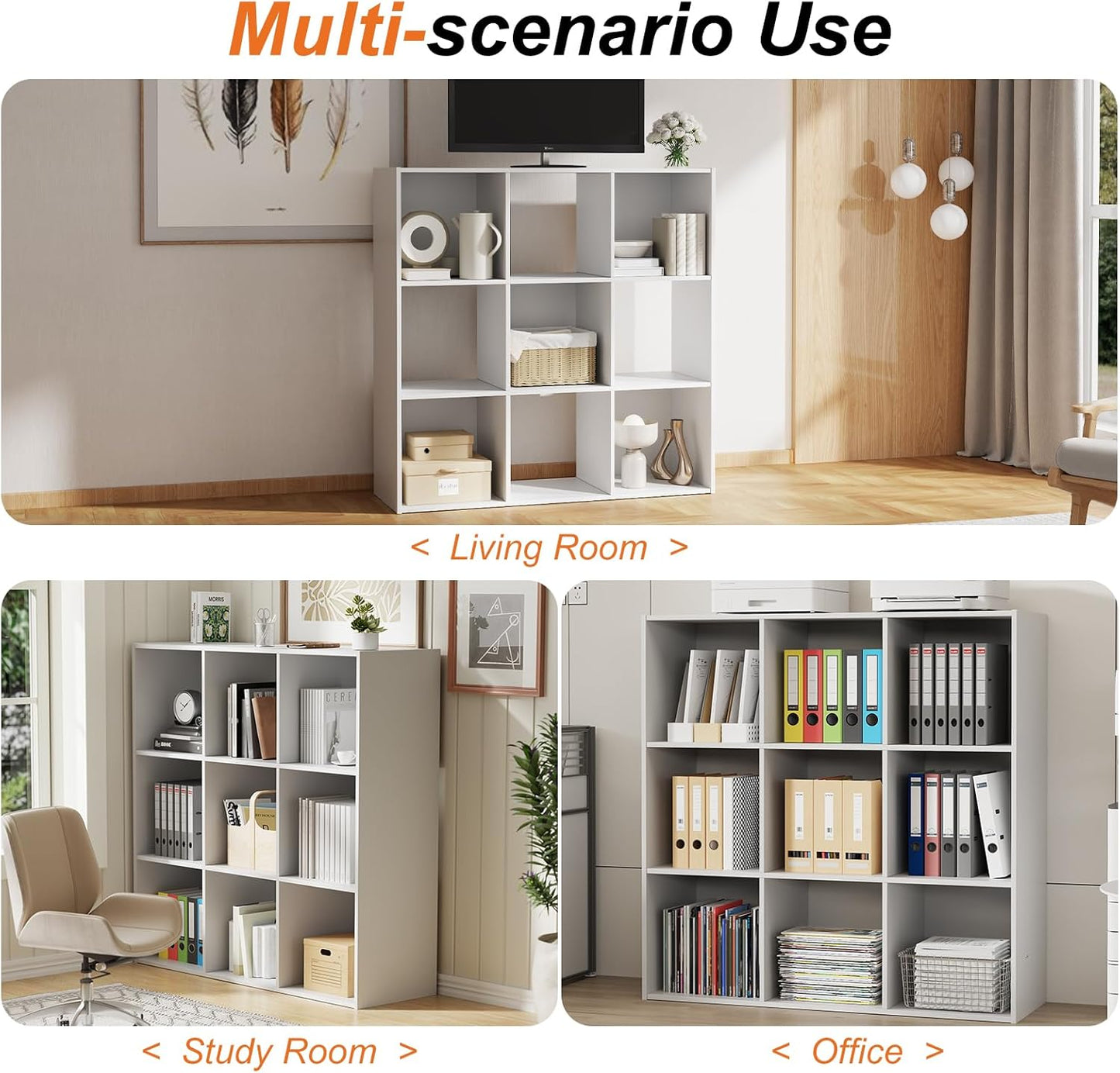 Sweetcrispy 9 Cube Storage Organizer - Open Cube Bookshelf with 5 Removable Back Panels, Display Storage Bookcase for Living Room, Bedroom, Entrance Hall, Home Office,36" L×11.6" W×36" H, White