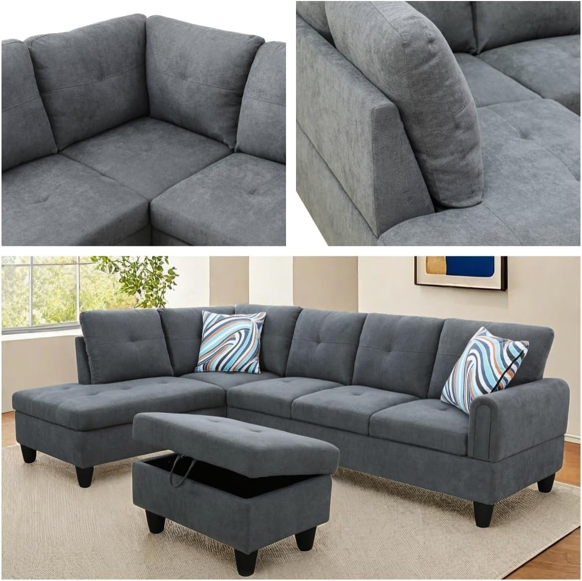 NAYSAYE Sectional Couch with Ottoman Storage, L Shaped Couch Sofa Furniture Sets, Modern Comfy Modular Comfy Sofa for Living Room Bedroom, Office and Apartment, Grey