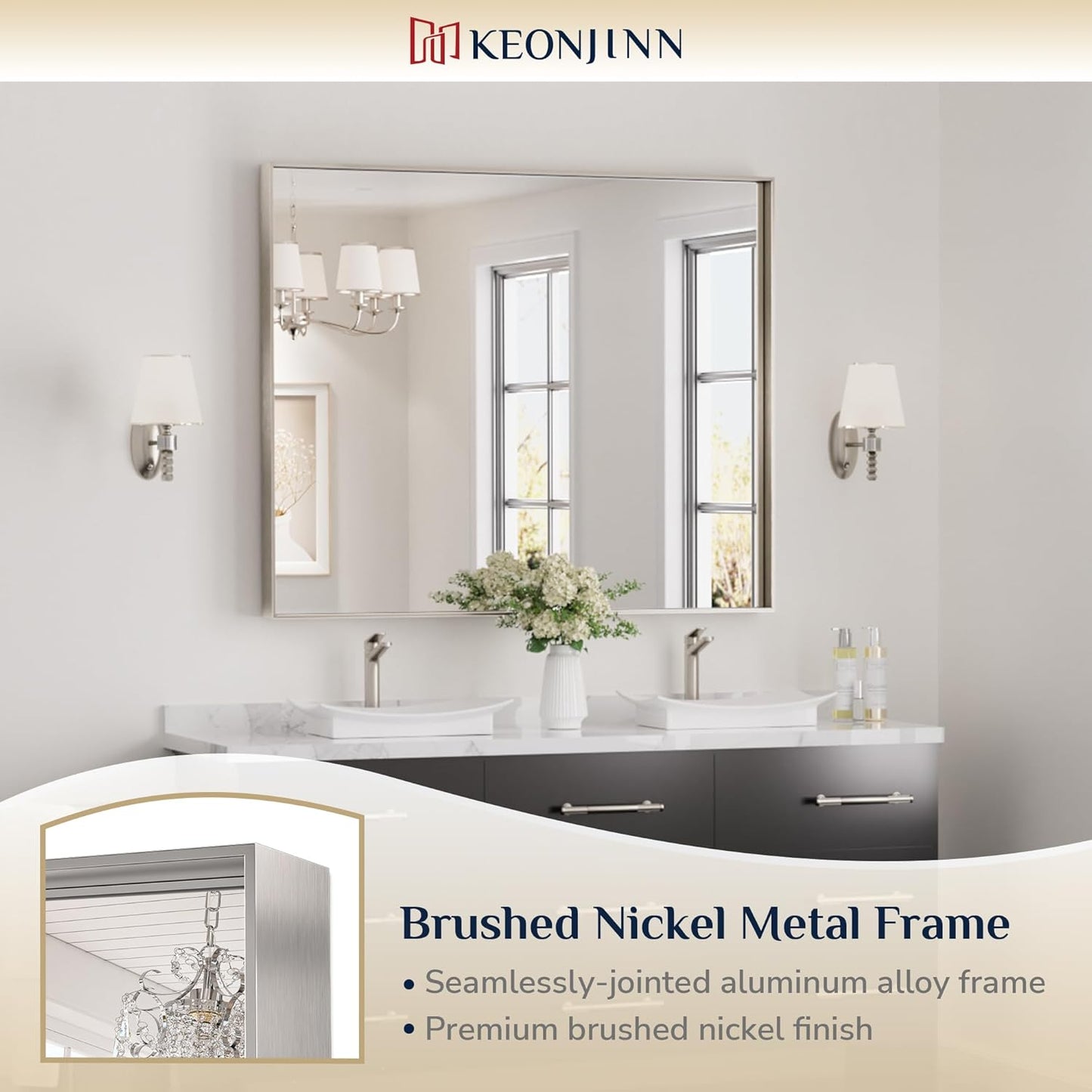 Keonjinn 48 x 40 in Brushed Nickel Bathroom Mirror, Rectangular Wall Metal Framed Vanity Mirror Square Corner Aluminum Alloy Modern Rectangle Wall-Mounted Mirror(Horizontal/Vertical)