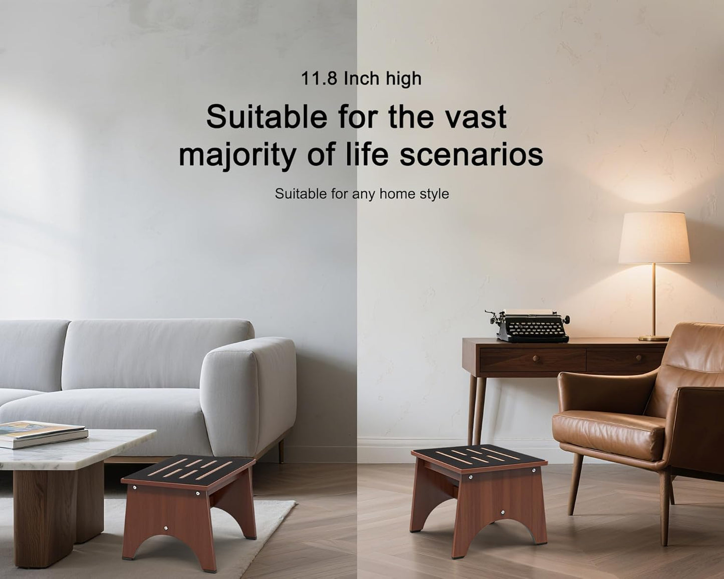 One Step Stool for Adults Seniors with Non-Slip Rubber Step Surface, 11.8" Heavy Duty Wooden Stepping Stools with 450 LBS Capacity for Bedroom Kitchen Bathroom