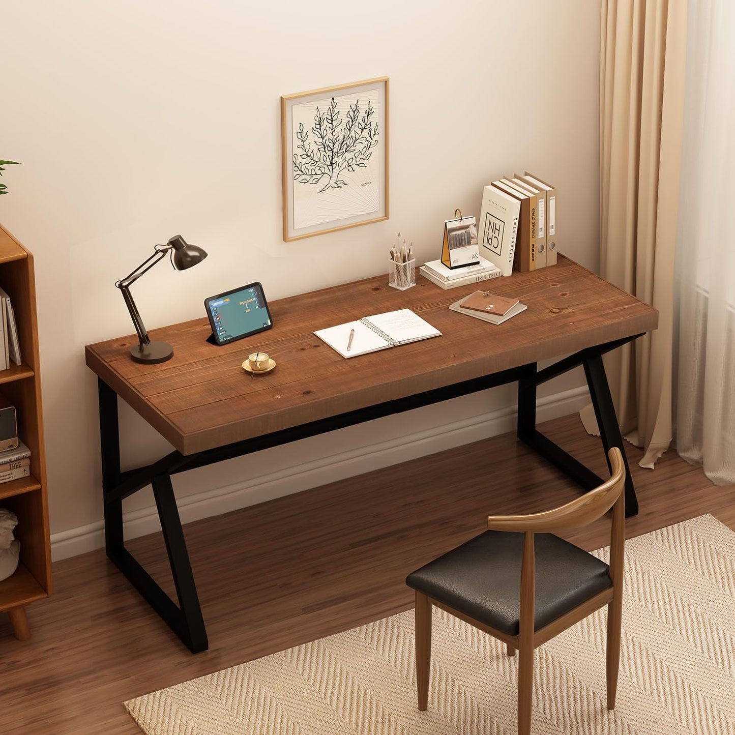 IBF Solid Real Wood Large Computer Desk, 60” Rustic Natural Home Office Desk, Long Industrial Writing Desk for Living Room, Metal Wooden Executive Computer Table, Brown, 60 Inch