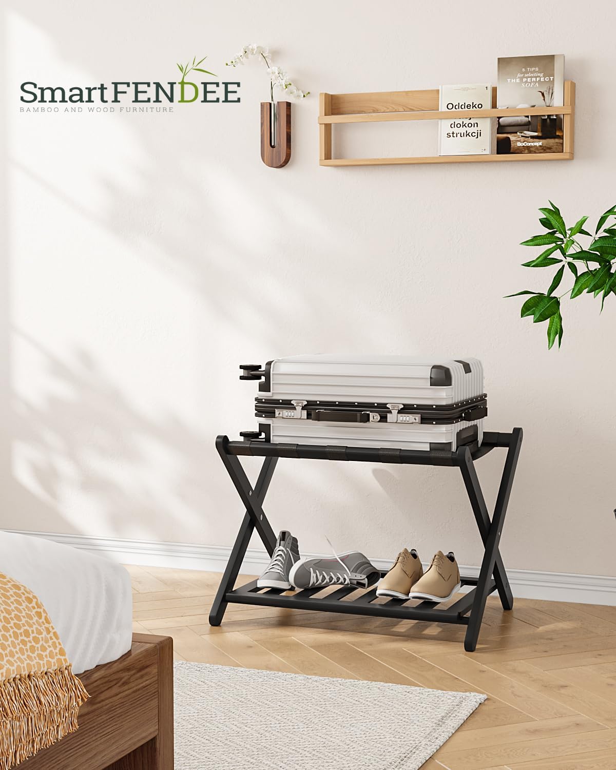 Fully Assembled Black Luggage Rack, Suitcase Stand with Shoe Shelf, Folding Wooden Luggage Stand for Guest Room, Bedroom, Hotel