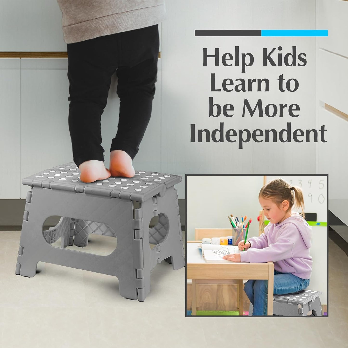 Handy Laundry - Folding Step Stool - Sturdy Enough Collapsible Stool to Support Adults and Safe Enough for Kids - Opens Easy with One Flip - Great for Kitchen, Bathroom or Bedroom (Grey - 9 Inch)