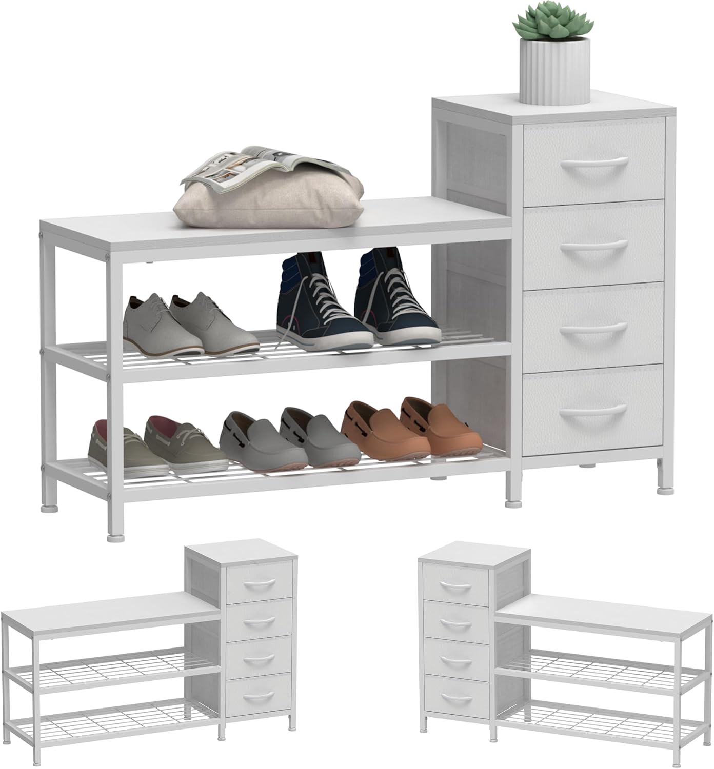 EXOTICA 3-Tier Shoe Storage Bench White Entryway Shoe Rack with 4 Drawers and Seating Shoe Shelf Storage Cabinet for Hallway Front Door Doorway Living Room Mudroom Steel Frame