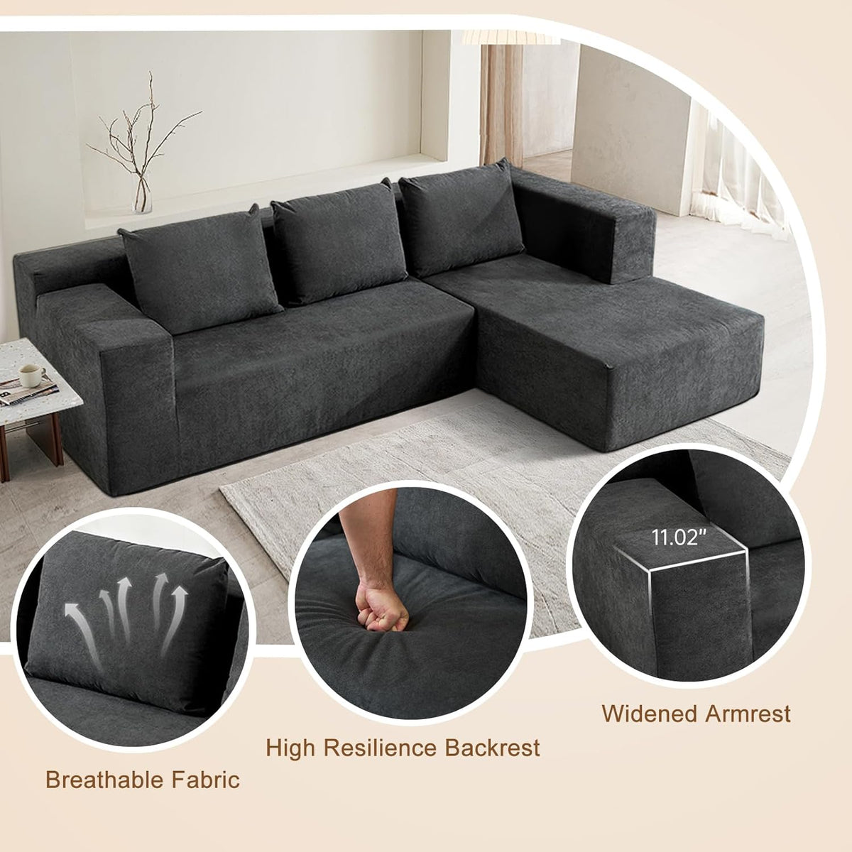 ANONER 103” Cloud Sectional Sofa L-Shaped Boneless Couch, Modern Minimalist Modular Free Combination Foam Sofa with Deep Seat for Living Room, No Assembly Required, Dark Grey