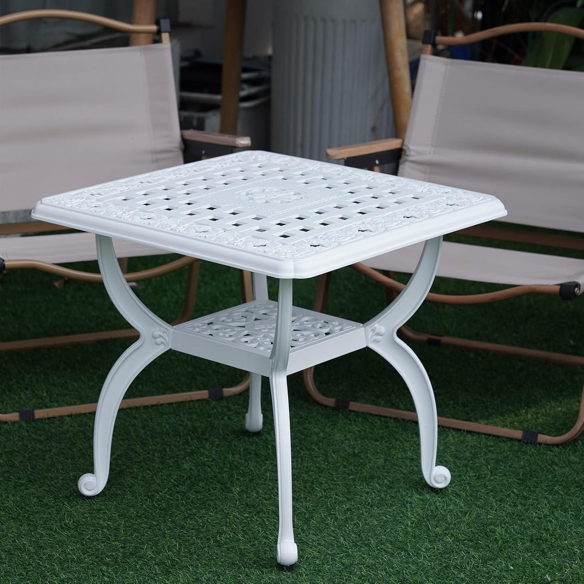 JARDIN DE CENTENNIAL Cast Aluminum Outdoor Side Table,Anti-Rust Outdoor End Table,Patio Coffee Bistro Table for Indoor,Garden,Porch,Balcony(Square White)
