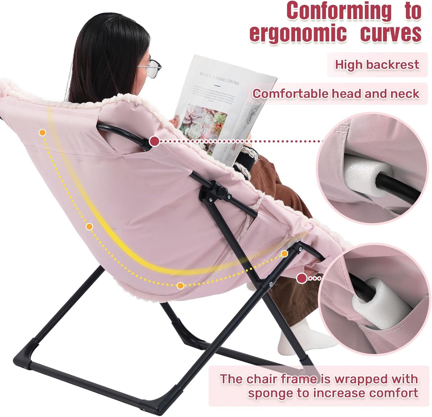 HollyHOME X-Large Saucer Chair, Comfy Oversized Folding Chair, Faux-Fur Reading Chair for Teens, Adults, Foldable Accent Chair, Metal Lounge Chair for Living Room, Bedroom, Dorm, Grid Champagne Pink