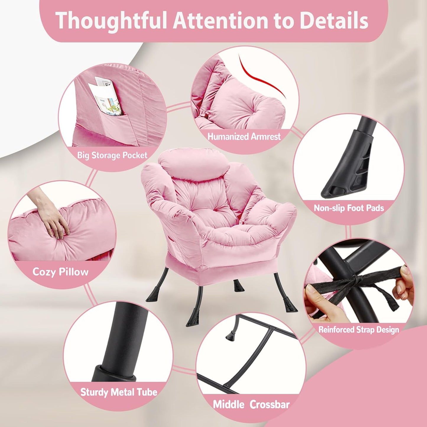 Lazy Chair Thick Padded, Comfy Velvet Accent Lounge Chair with Stable Frame, Leisure Sofa Armchair with Armrests and Side Pocket, Reading Chair for Bedroom, Living Room, Office, Pink