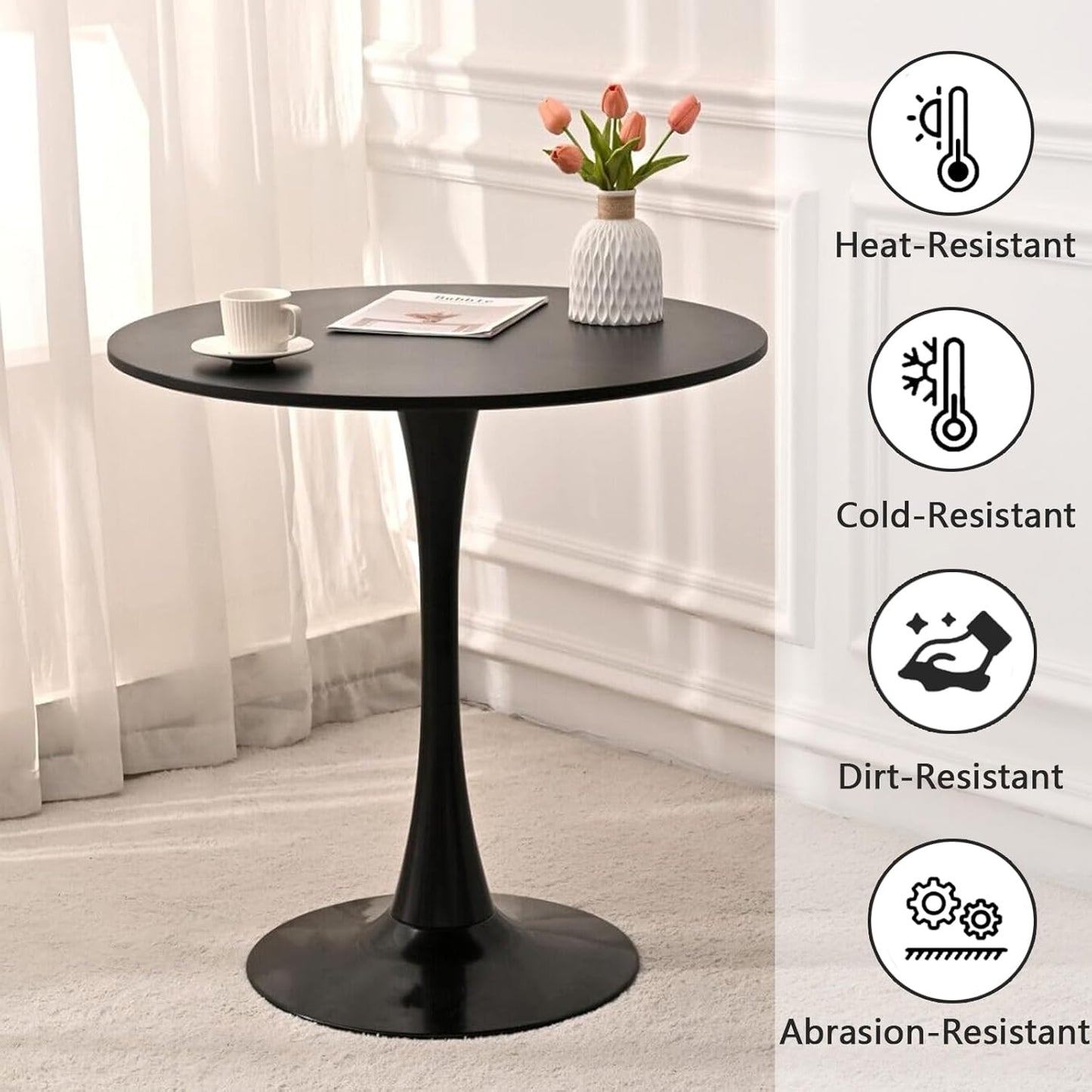 Round Black Dining Table, 31.5" Tulip Table with Pedestal Base, Black Dining Table for 1-4 Person, Mid-Century Leisure Table for Kitchen, Living Room