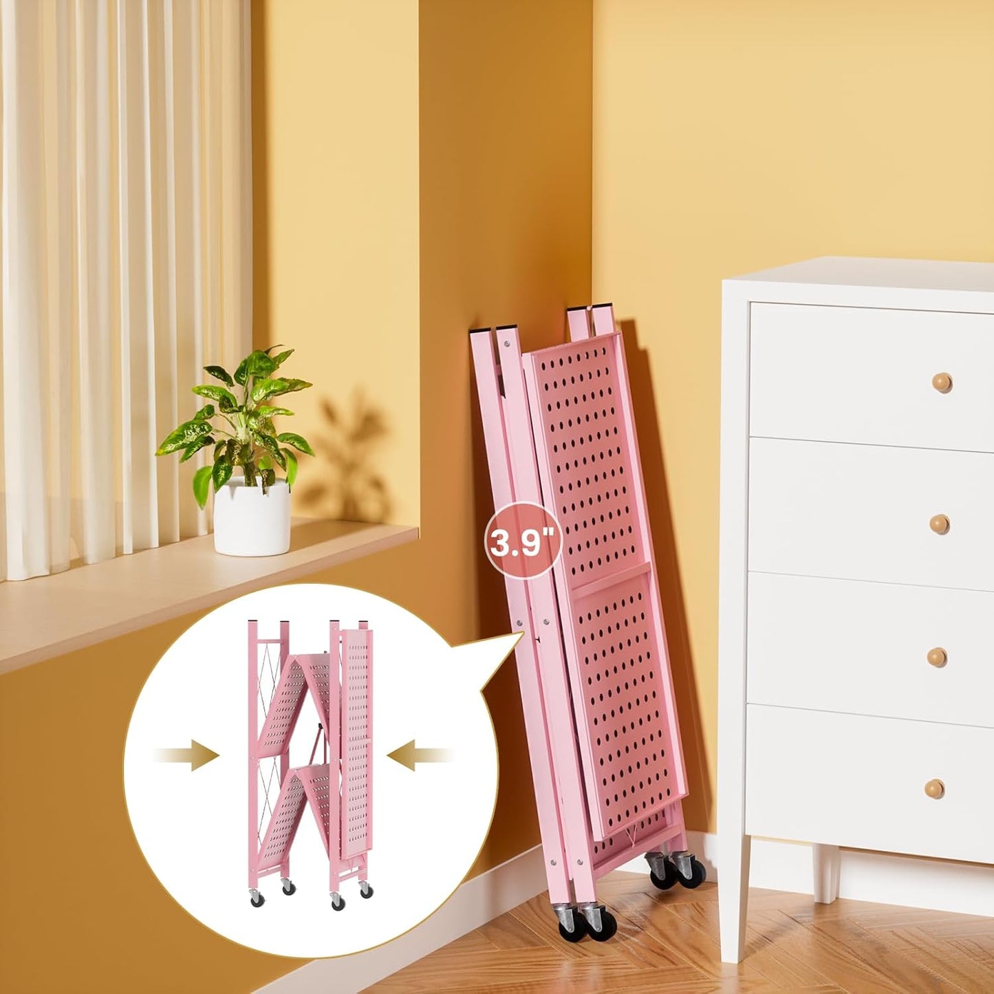 ALANNG Storage Shelves with Wheels, Bookshelf with Storage, No Assembly Metal Rack Shelf for Kitchen, Office, Laundry, Garage (3 Tier, Pink)