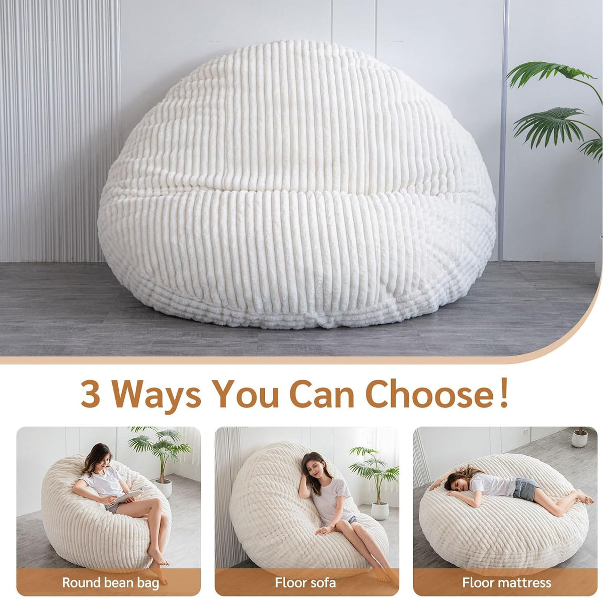 BYBYME 3 in 1 Bean Bag Chairs, Bean Bag Bed for Adults High-Density Foam Filling, Convertible Sofa Bed Faux Fur, Giant Bean Bag Chairs for Adults