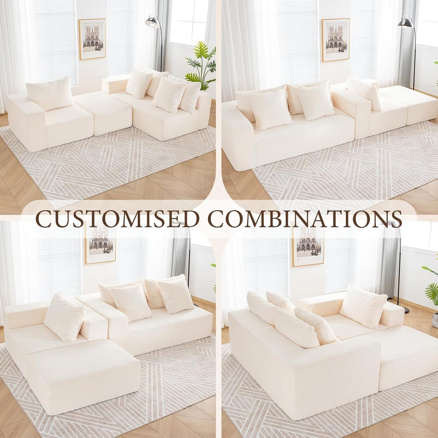 INGEROOM 108" Cloud Sectional Couch with L-Shape Chaise, Modular Sofa Memory Foam, Boneless Sofa with Movable Ottoman, Upholstered Couches for Living Room Bedroom, No Assembly Required, Beige