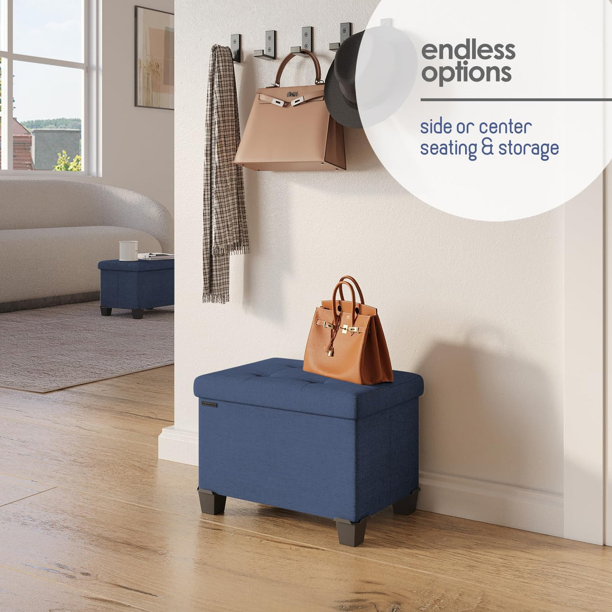 STORAGEBUD Storage Ottoman Cube with Small Bin, 16-in Square Ottoman with Storage for Living Room and Bedroom, Small Ottomans Foot Rest, Fabric Foot Stools Ottomans Max 330lbs, Blue