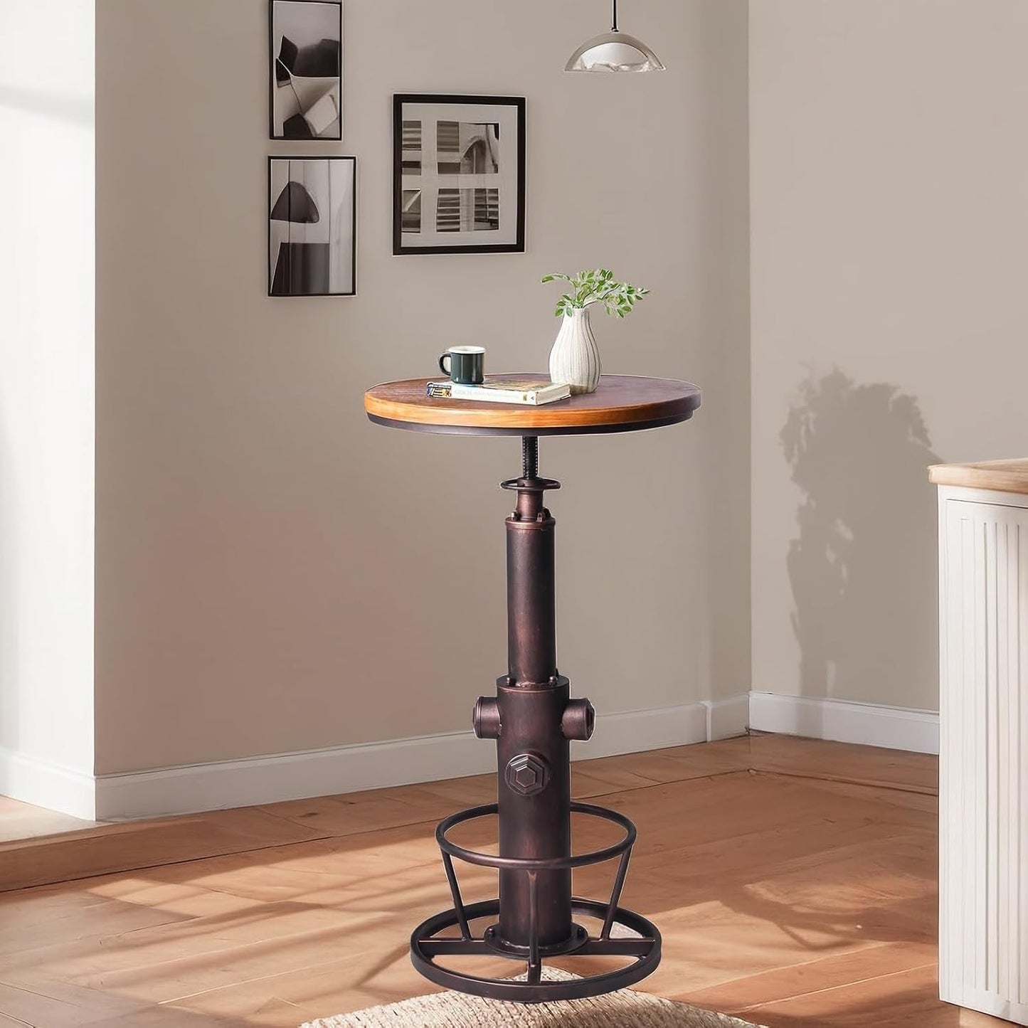 Industrial Bar Table Swivel Round Wooden Top Height Adjustable 38.6-44.4inch Vintage Kitchen Dining Chair Coffee Table Hydrant Design Bistro Table