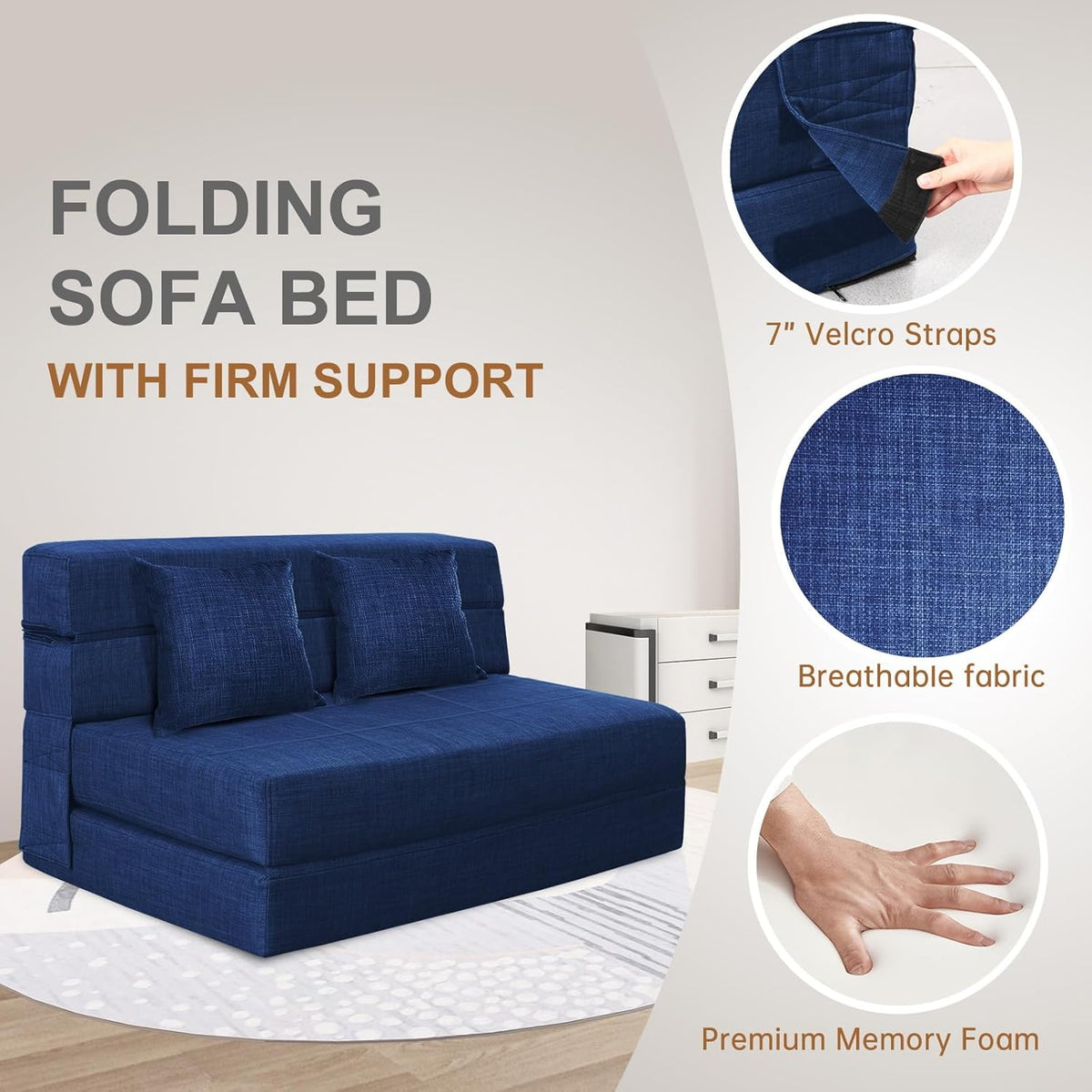 60 Inch Folding Sofa Couch Memory Foam with Pillow Convertible Sleeper Mattress Futon Lazy for Living Room,Washable Cover,Queen Size,Dark Blue