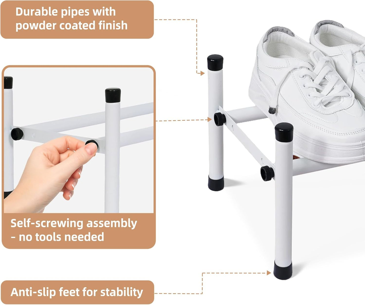 STORAGE MANIAC Expandable Shoe Rack, 4 Pairs Stackable Small Shoe Rack, Metal Adjustable Shoes Organizer for Closet, Entryway, Hallway, Garage, Front Door, Shoes Shelves, White 1 Tier