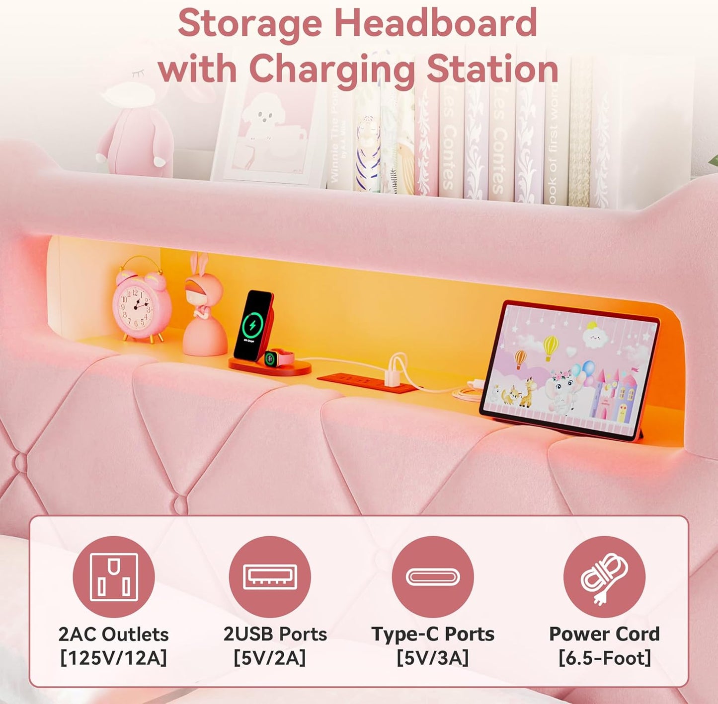 Queen Upholstered LED Bed Frame with 2 Storage Drawers and 2-Tier Storage Headboard,Velvet Princess Platform Bed with Charging Station & Bookcase,Heavy Duty Metal Support,No Box Spring Needed,Pink