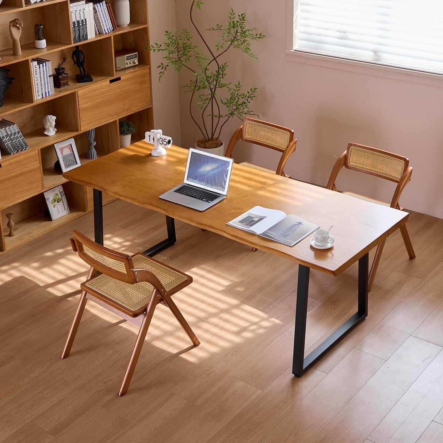 Modern Solid Wood Executive Desk – Spacious and Minimalist Home Office Workstation Perfect for Writing and Professional Use (Light Brown, 55.12)