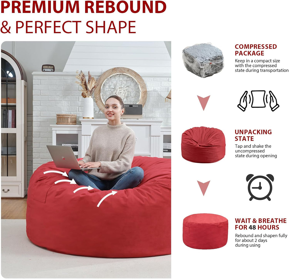 3FT Bean Bag Chair, Comfy Bean Bag Chairs with Memory Foam Filled, Fluffy Beanbag Sofa with Dutch Velvet Cover, Round BeanBag Chairs for Living Room, Playroom - Red