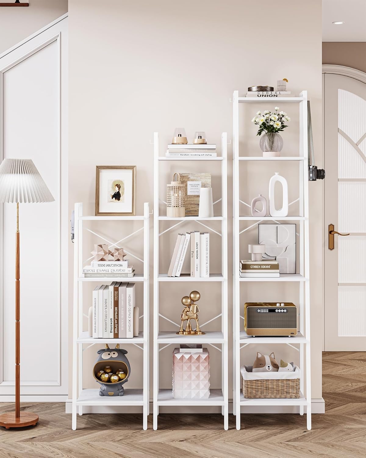 Ladder Shelf, Bookshelf Bookcase, Freestanding Corner Storage Shelve with 2 Hooks for Home Office, Living Room, Kitchen, Bedroom, Industrial, 5-Tier White BC03213W