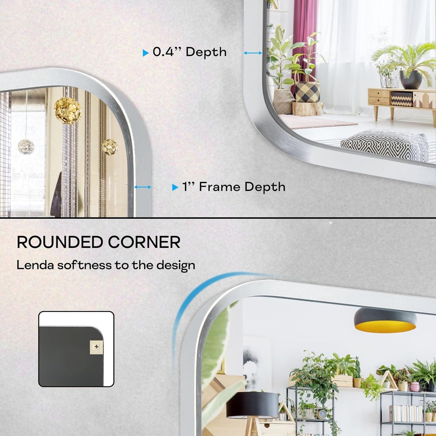 Silver Metal Framed Bathroom Mirror for Wall, Brushed Nickel Rounded Corner Rectangular Bathroom Vanity Mirror, Anti-Rust, Tempered Glass (30" x 36", Silver)