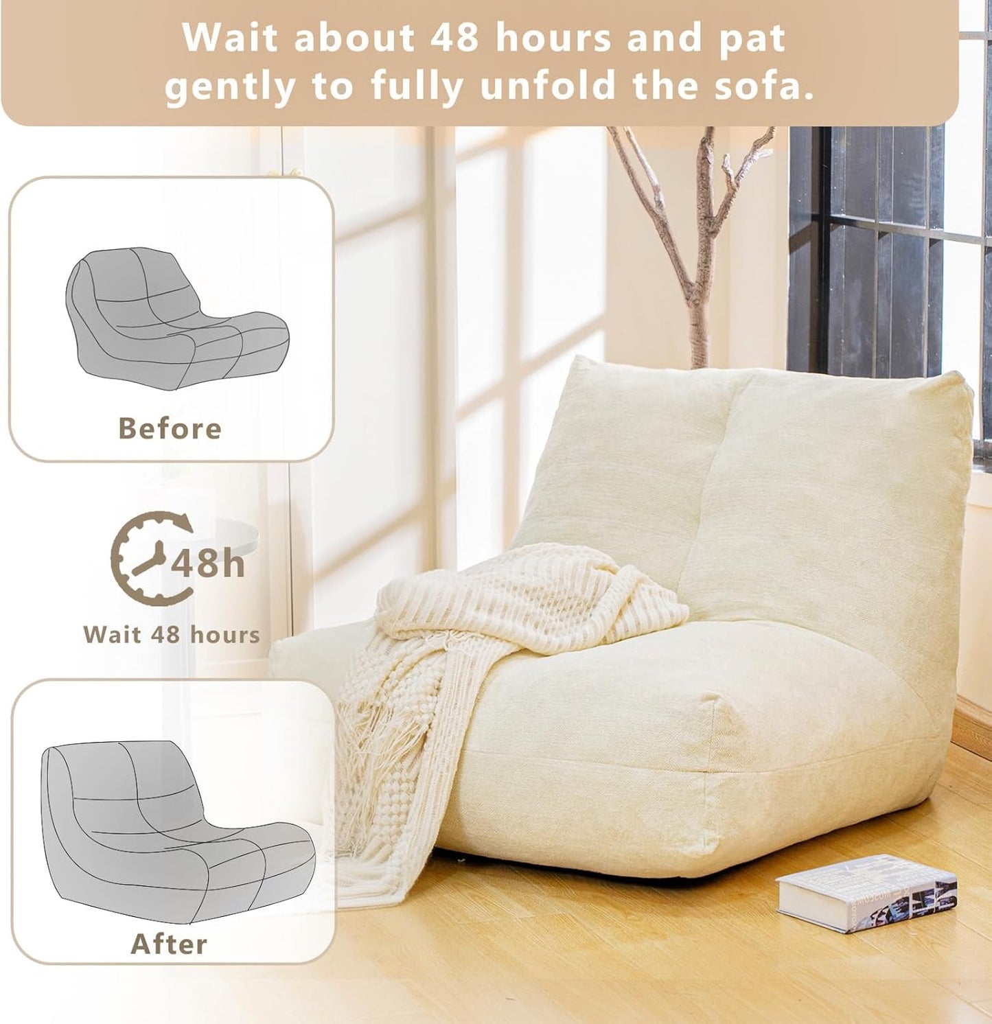 Bean Bag Chairs for Adults, Memory Foam Bean Bag Chair, Spacious Single Sofa, Ergonomic Support Reading Floor Sofa Chair with Filler, Comfy Cozy Beanbag Couch for Bedroom Living Room (Beige)