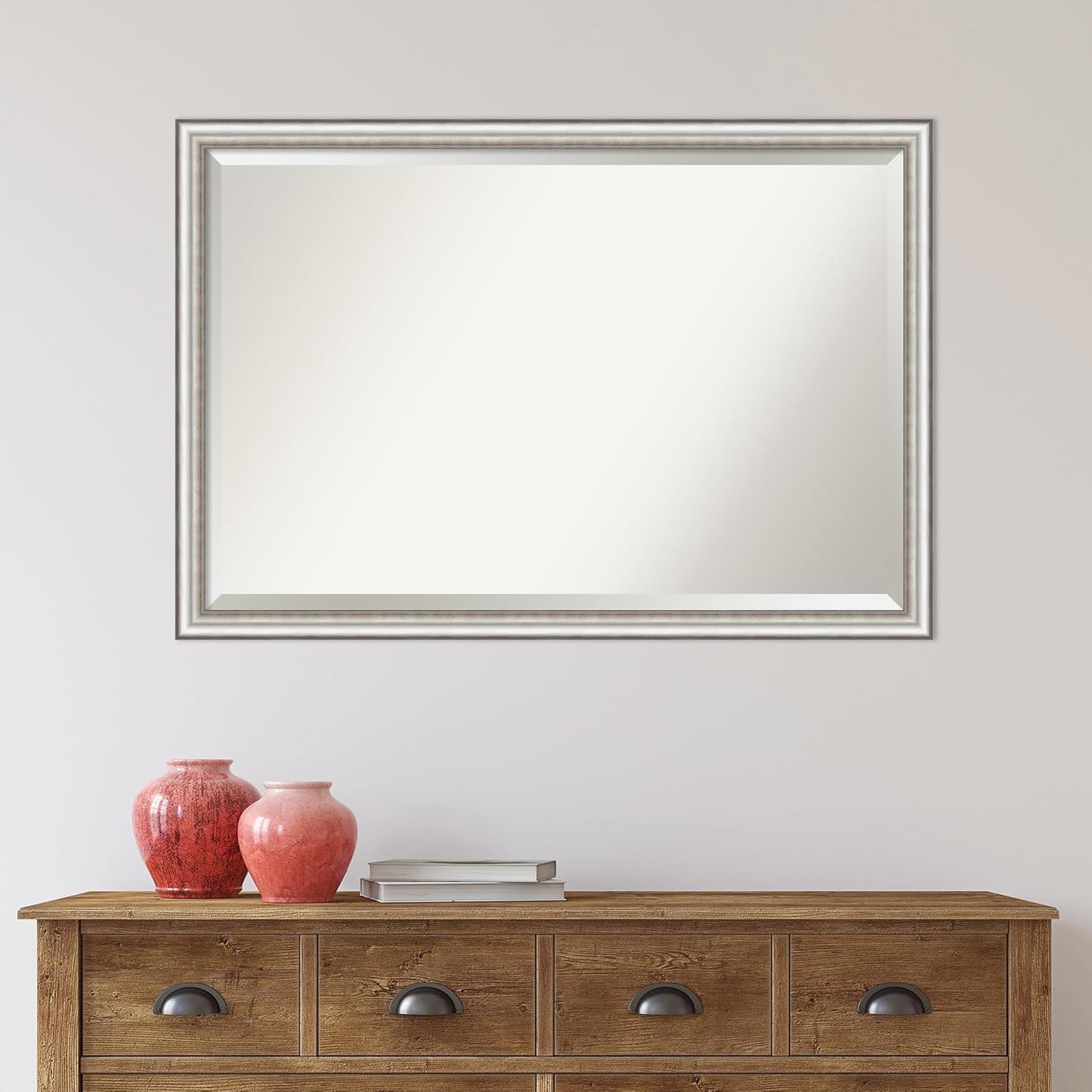 Amanti Art Silver Bathroom Mirror for Over Sink, 27x39 Salon Silver Narrow Rectangle Vanity Mirror, Large Traditional Frame, Hangs Horizonally and Vertically, Bathroom Wall Decor, Beveled Edge