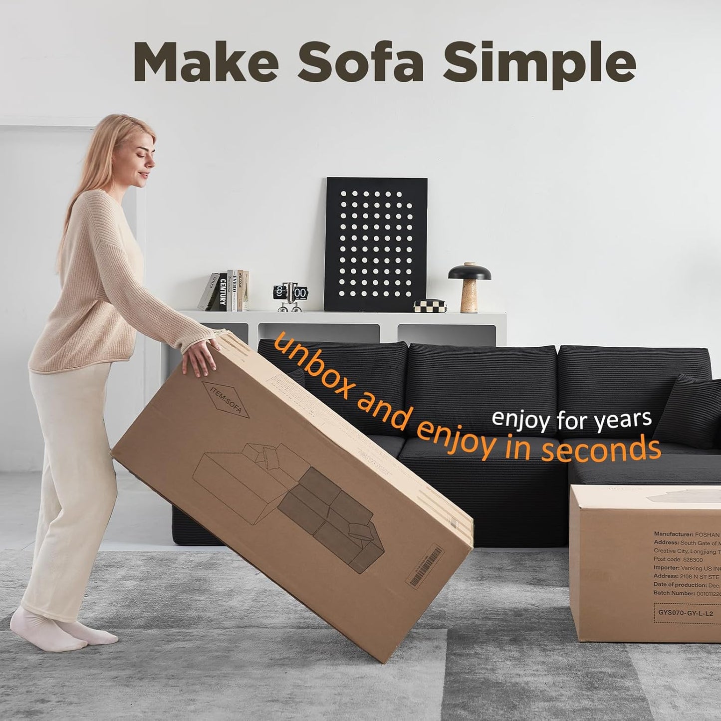 INGEROOM 108" Cloud Sectional Couch, Modular Sectional Sofa with L-Shaped Chaise, Modern Plush Corduroy Couch for Living Room Bedroom(Black)