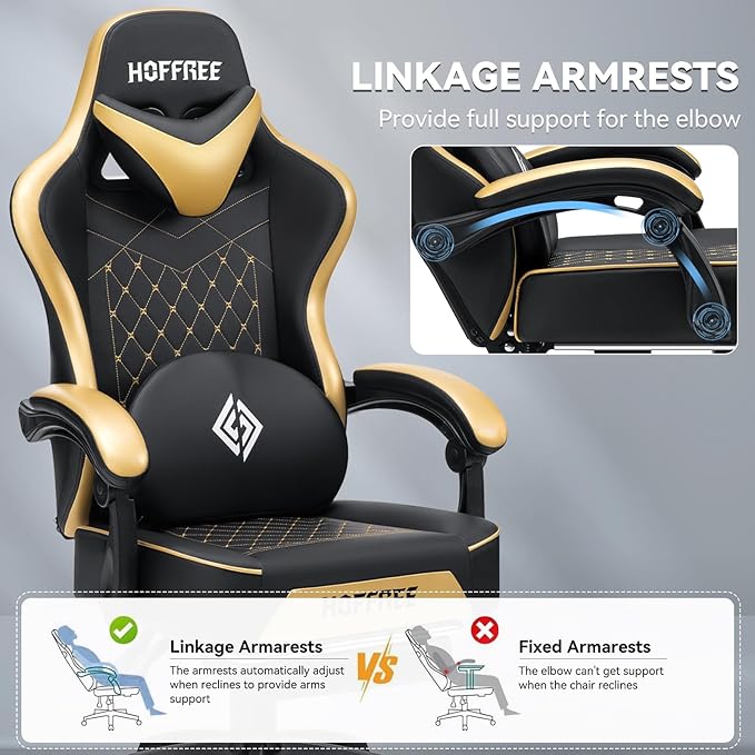 HOFFREE Gaming Chair with Speakers Massage Computer Gaming Chair with Pocket Spring Cushion for Adults Reclining Gamer Chair with Bluetooth Video Game Chairs with Footrest Gold and Black