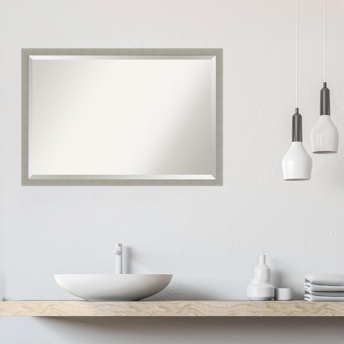 Amanti Art Grey Wall Mirror 26x38 Woodgrain Stripe Grey Rectangle Bathroom Mirror for Wall Decor Living Room, Large Casual Wood Frame, Hangs Horizonally and Vertically, Bathroom Decor, Beveled Edge