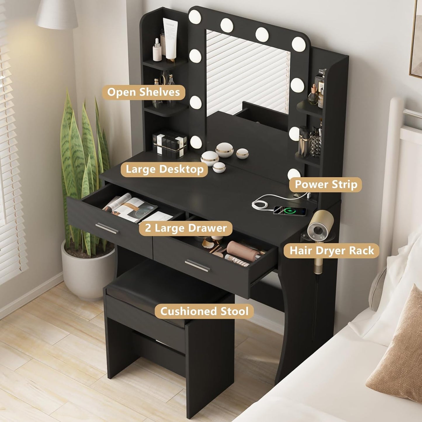 Vabches Vanity Desk with Lights,Makeup Vanity with Power Strip,Dressing Table Set with 2 Large Drawers,Vanity Mirror 3 Lighting Color Adjustable,Black