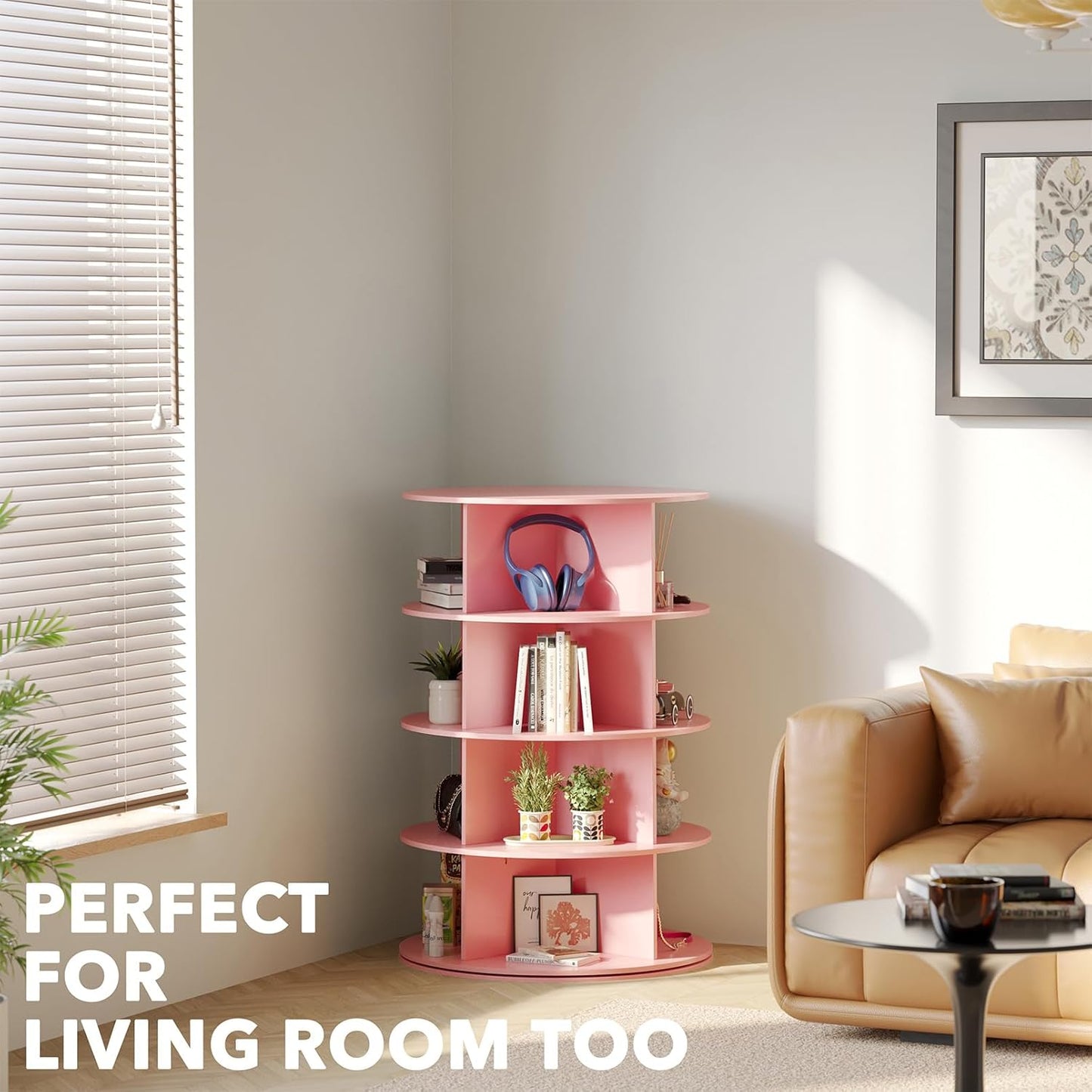 SpaceAid 4 Tier Rotating Shoe Rack Tower, Spinning Shoe Display Lazy Susan, Revolving 360 Shoe Rack Storage Round Carousel, Vertical Handbag Rotate Shoes Closet Organization (4-Tier Pink)