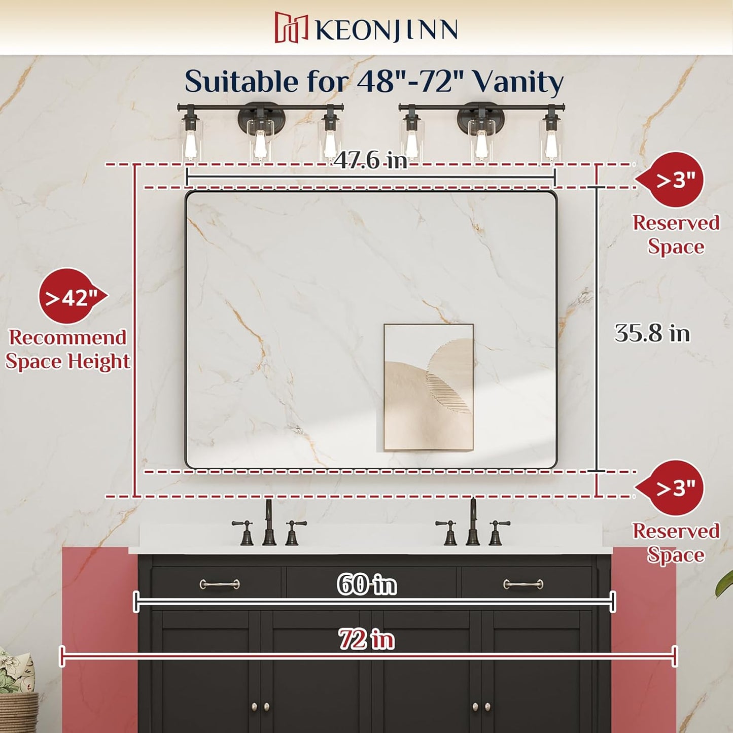 Keonjinn 48 x 36 Brushed Nickel Bathroom Vanity Mirror, Large Rounded Rectangle Bathroom Mirrors for over Sink, Metal Framed Silver Mirror for Wall, Shatterproof HD Tempered Glass(Horizontal/Vertical)