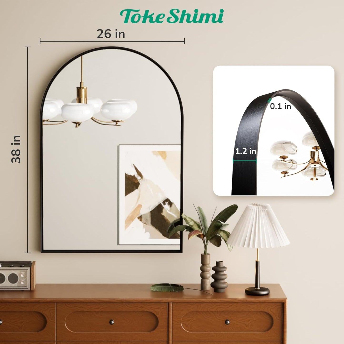 TokeShimi 26x38 Black Arched Mirror Bathroom with Tempered Glass,Aluminum Frame,Arched Wall Mirror for Bathroom,Bedroom,Entryway