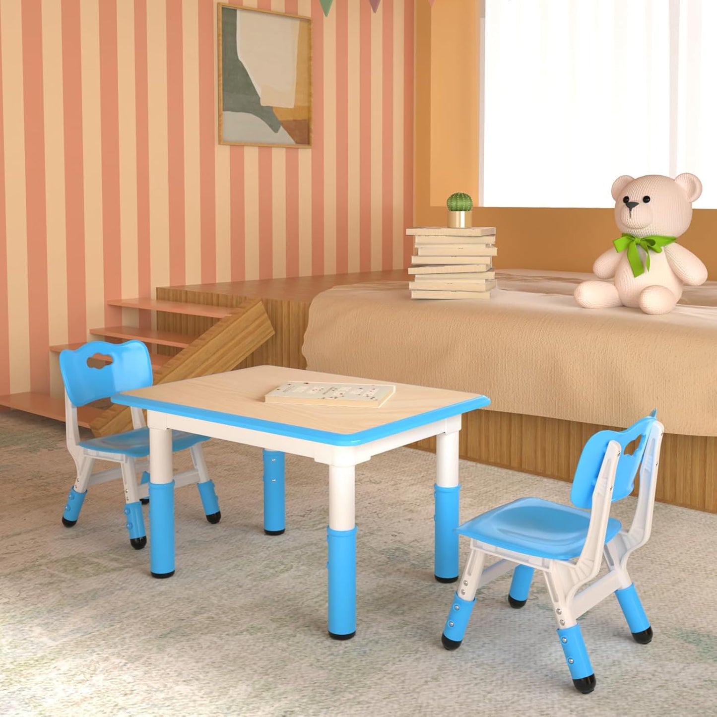 Kids Table and 2 Chairs Set,Height Adjustable Children Table & Chair,Toddlers Study Multi-Activity Table with 31.5"x23.6" Wipe-Clean Desktop,for Classrooms, Homes & Daycares