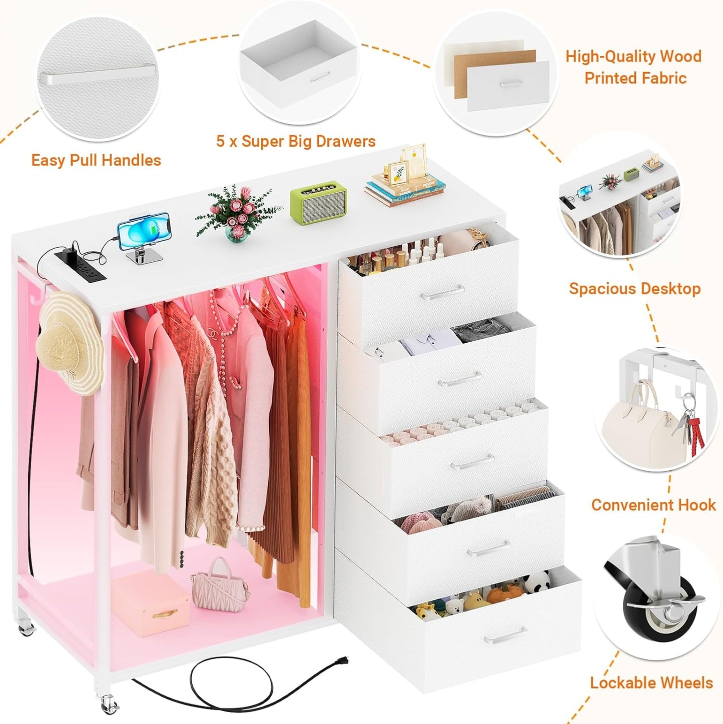 Cyclysio Dresser for Bedroom with Clothes Rack, 5 Fabric Drawers Dresser with Charging Station & LED Lights, White Storage Chest of Drawers with Wheels, Wooden Top, Lockable Wheels, Closet, White