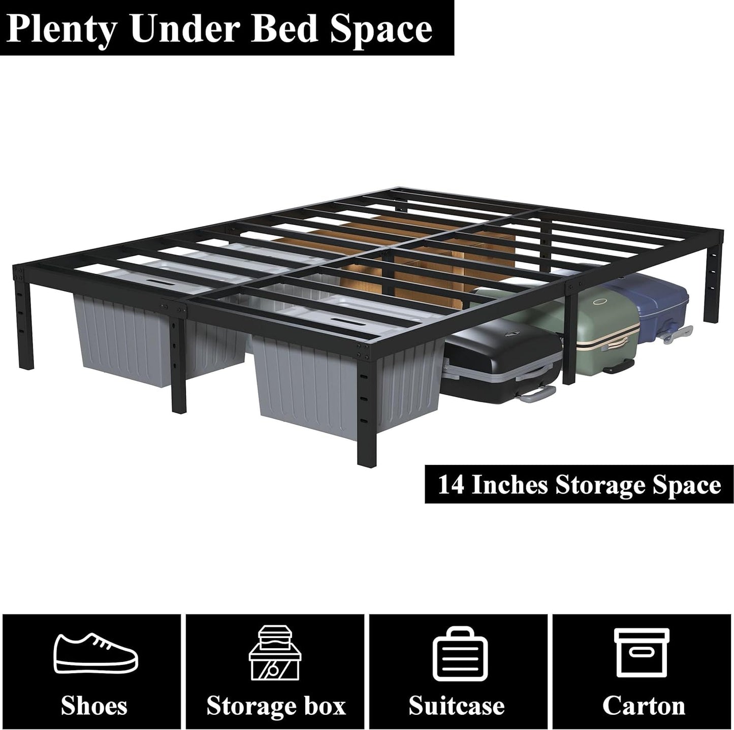 16 Inch Full Size Bed Frame No Box Spring Need, Metal Platform Full Bed Frames with 14 Inch Storage, 3,500 lbs Heavy Duty Steel Slats Support, Easy Assembly Mattress Foundation