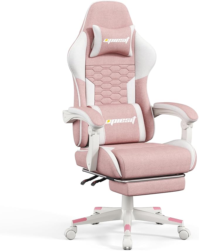 Gaming Chair, Fabric Computer Chairs with Lumbar Support and Massager, Ergonomic Office Chair with Footrest & Pocket Spring Cushion, Bearing 400 LBS(Pink)