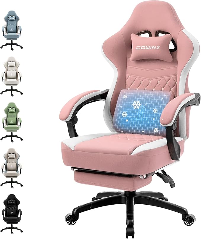 Dowinx Gaming Chair Breathable Fabric Game Chair with Gel Pad and Storage Bag, Comfortable Gamer Chair with Pocket Spring Cushion,Ergonomic Computer Chair with Footrest,Pink
