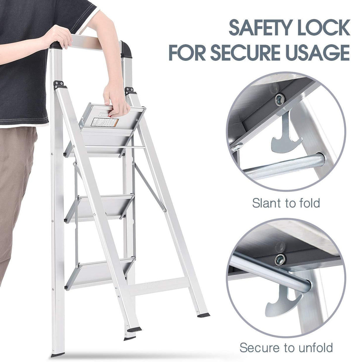 KINGRACK Aluminium 3 Step Ladder, Lightweight Step Stool with Non-Slip Pedals, Handrail, 330 LBS Foldable Step Ladder for Kitchen, Garage, Home, Space Saving, Sturdy and Portable, Silver
