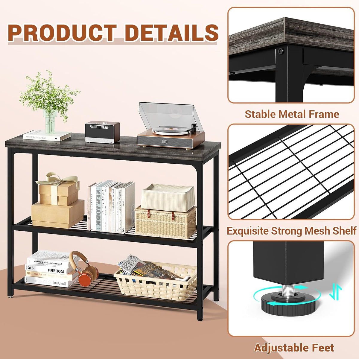 47" Console Table, 3-Tier Entryway Table, Sofa Table with Mesh Shelves, Console Tables for Living Room, Bedroom, Hallway, Entryway, Foyer, Grey