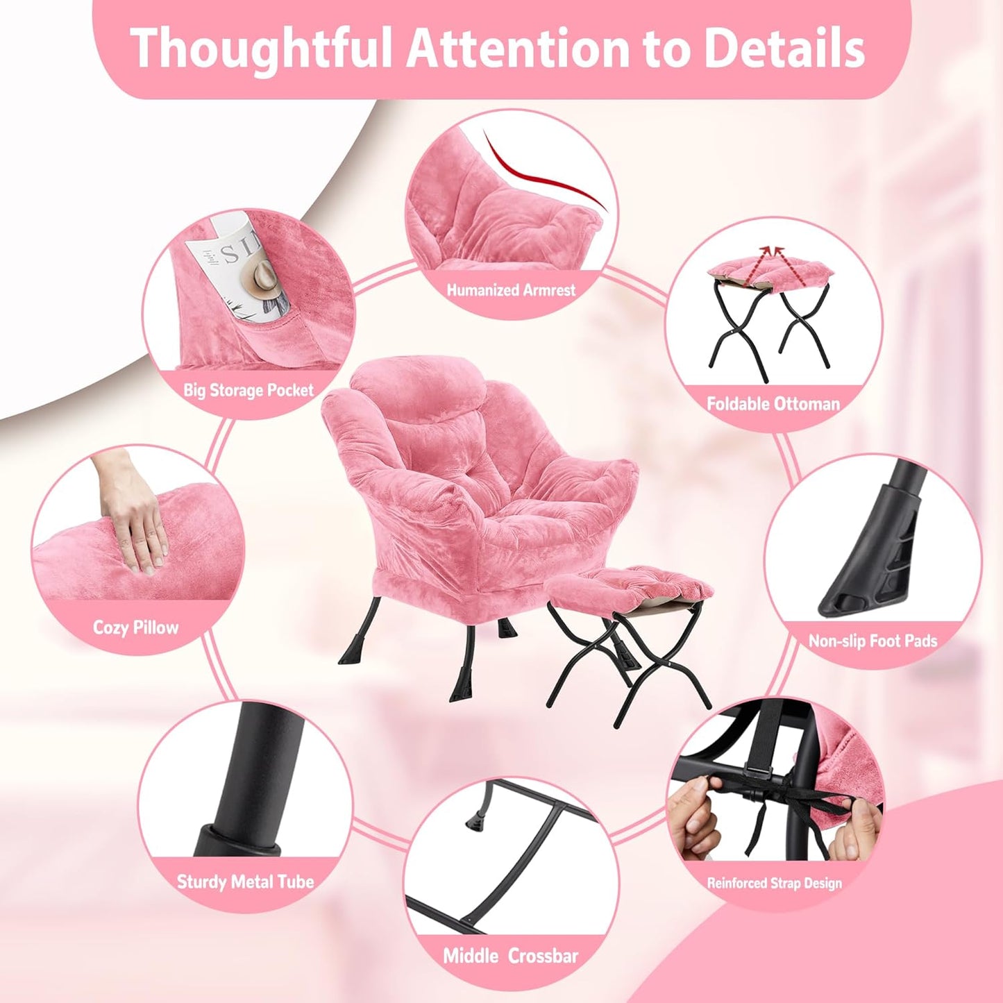 Lazy Chair with Folding Ottoman, Accent Chair Plush Upholstered with Metal Structure and Non-Slip Pads, Sofa Armchair with Footrest and Side Storage Bag for Dorm, Room, Office, Pink