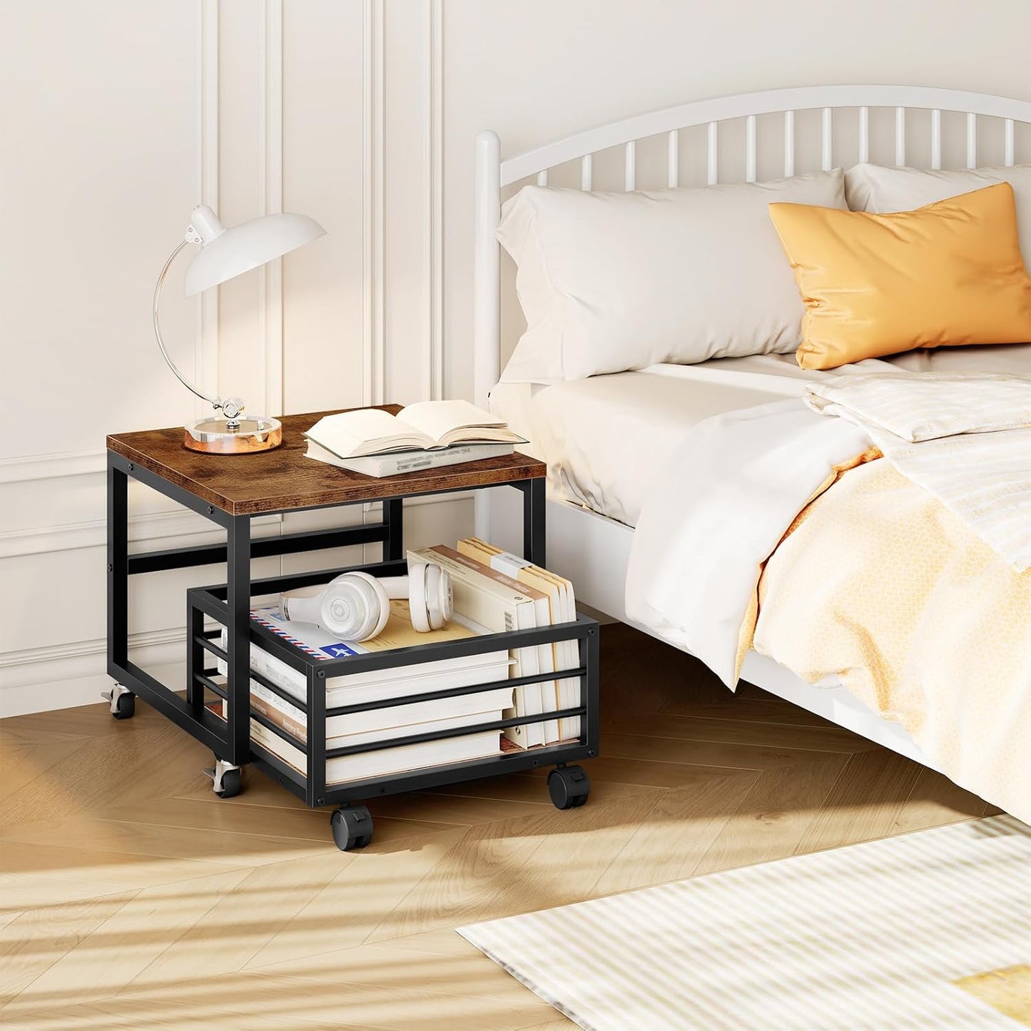 HOOBRO Mini Fridge Stand with Movable Storage Basket, Mini Fridge Cabinet with Wheels and Adjustable Feet, Sturdy Metal Frame, for Home, Apartment,Office, Dorm, Rustic Brown and Black BF155TL01