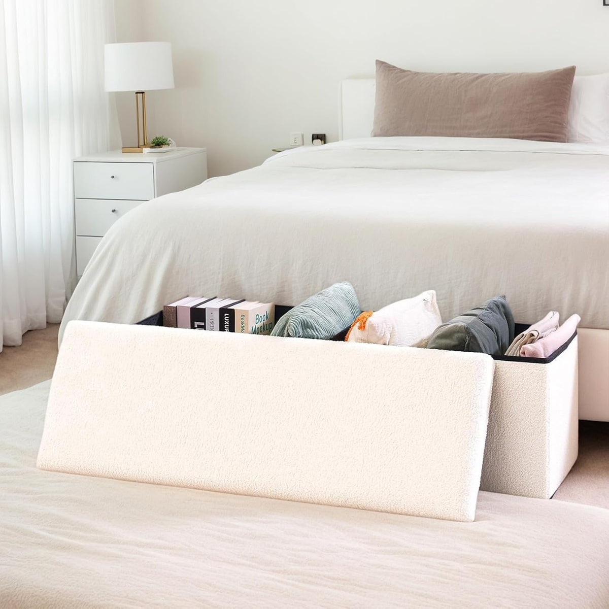 43 Inches Storage Ottoman Bench - Extra Large Foldable Ottoman with Storage, Bench for Living Room, Bedroom, Entryway - White
