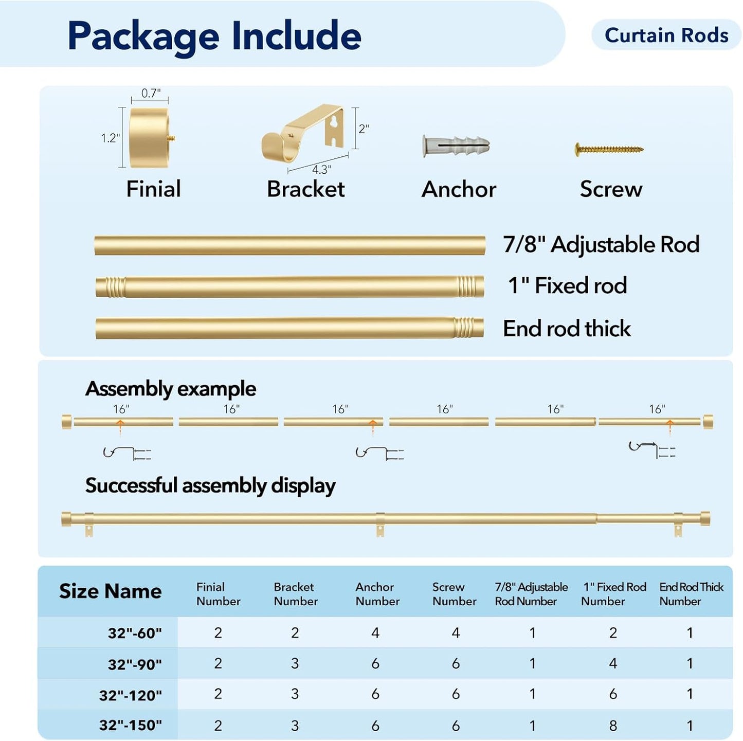 2 Pack Curtain Rods for Windows 72 to 144 Inch, 1 Inch Gold Curtain Rods Set, Adjustable Heavy Duty Curtain Rod, Outdoor Curtain Rods for Patio Bedroom, Drapery Rods with End Cap, Size 32"- 150"