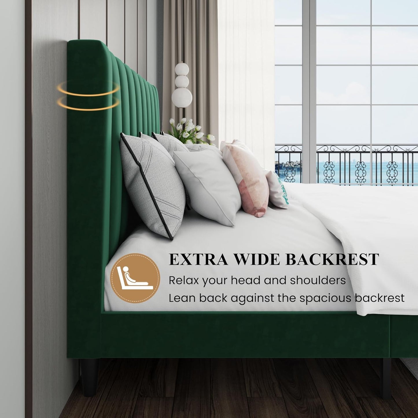 SHA CERLIN King Bed Frame/Velvet Upholstered Platform Bed Frame with Headboard/Strong Wood Slats Support/Mattress Foundation/No Box Spring Needed - Green